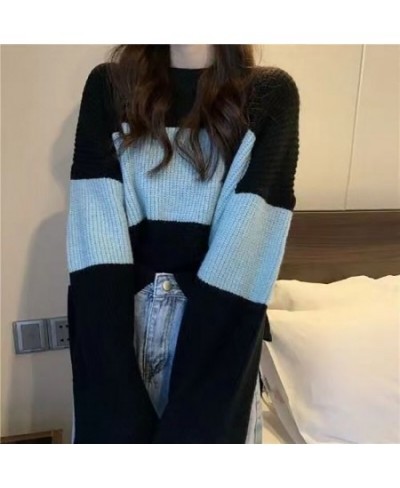 Fall Winter Striped Print Women Long Sleeve O Neck Sweater Korean Fashion Harajuku Vintage Knitted Oversized Pullovers Crop $...