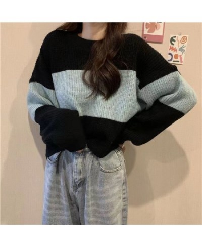 Fall Winter Striped Print Women Long Sleeve O Neck Sweater Korean Fashion Harajuku Vintage Knitted Oversized Pullovers Crop $...