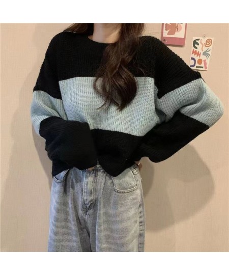 Fall Winter Striped Print Women Long Sleeve O Neck Sweater Korean Fashion Harajuku Vintage Knitted Oversized Pullovers Crop $...