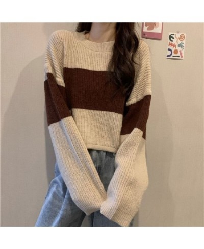 Fall Winter Striped Print Women Long Sleeve O Neck Sweater Korean Fashion Harajuku Vintage Knitted Oversized Pullovers Crop $...