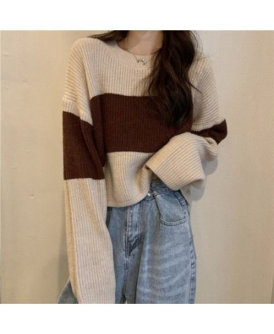 Fall Winter Striped Print Women Long Sleeve O Neck Sweater Korean Fashion Harajuku Vintage Knitted Oversized Pullovers Crop $...