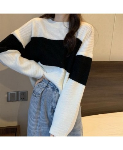 Fall Winter Striped Print Women Long Sleeve O Neck Sweater Korean Fashion Harajuku Vintage Knitted Oversized Pullovers Crop $...