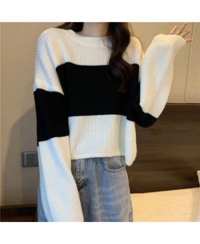 Fall Winter Striped Print Women Long Sleeve O Neck Sweater Korean Fashion Harajuku Vintage Knitted Oversized Pullovers Crop $...