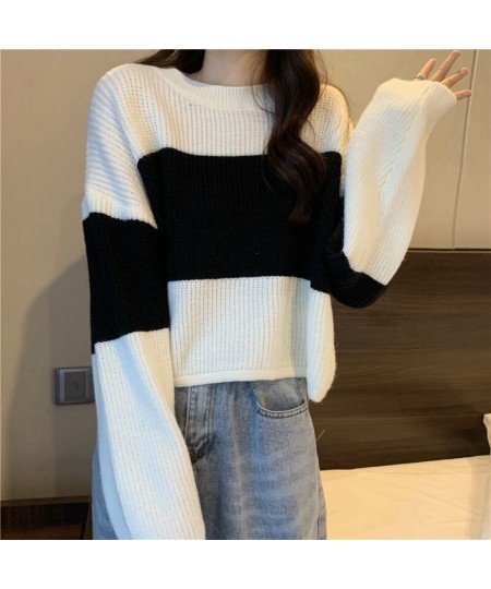 Fall Winter Striped Print Women Long Sleeve O Neck Sweater Korean Fashion Harajuku Vintage Knitted Oversized Pullovers Crop $...