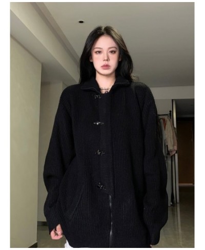 Fashion Metal Buttons Zippers Sweater Women Solid Loose Casual Long Sleeve Knitted Cardigan Y2k Punk Dark Gothic Harajuku Top...