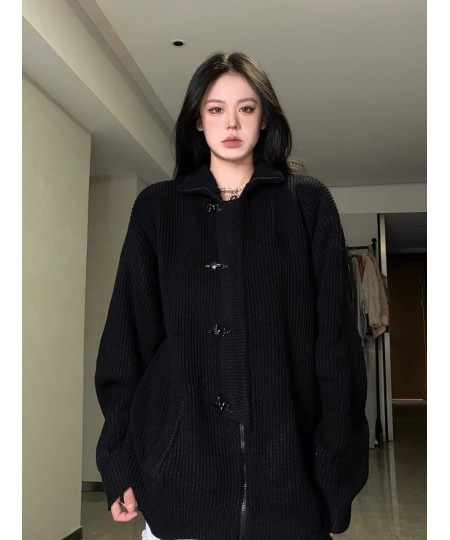 Fashion Metal Buttons Zippers Sweater Women Solid Loose Casual Long Sleeve Knitted Cardigan Y2k Punk Dark Gothic Harajuku Top...