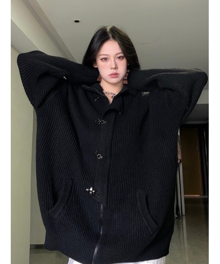 Fashion Metal Buttons Zippers Sweater Women Solid Loose Casual Long Sleeve Knitted Cardigan Y2k Punk Dark Gothic Harajuku Top...