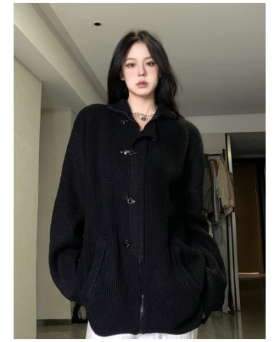 Fashion Metal Buttons Zippers Sweater Women Solid Loose Casual Long Sleeve Knitted Cardigan Y2k Punk Dark Gothic Harajuku Top...