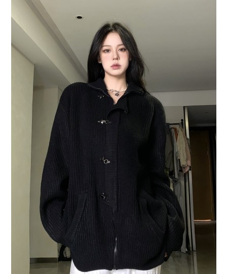 Fashion Metal Buttons Zippers Sweater Women Solid Loose Casual Long Sleeve Knitted Cardigan Y2k Punk Dark Gothic Harajuku Top...