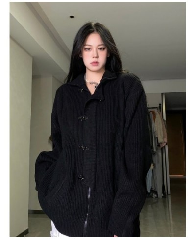 Fashion Metal Buttons Zippers Sweater Women Solid Loose Casual Long Sleeve Knitted Cardigan Y2k Punk Dark Gothic Harajuku Top...