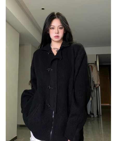 Fashion Metal Buttons Zippers Sweater Women Solid Loose Casual Long Sleeve Knitted Cardigan Y2k Punk Dark Gothic Harajuku Top...