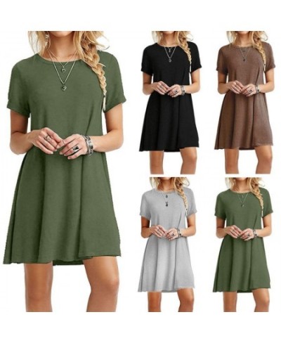 Womens Summer Short Sleeves Midi Swing T-Shirt Dress Plain Solid Color Crew Neck Casual Loose Pullover Tunic Tops $22.11 - Dr...