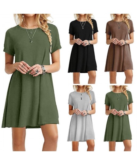 Womens Summer Short Sleeves Midi Swing T-Shirt Dress Plain Solid Color Crew Neck Casual Loose Pullover Tunic Tops $22.11 - Dr...