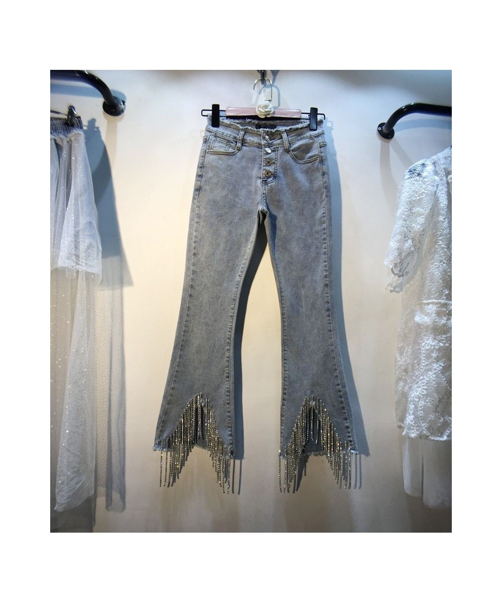 Trend Hem Shiny Diamond Tassel Jeans Women Burrs High Waist Elastic Slim Denim Flare Pants Female 2023 Spring New 11XX1473 $7...