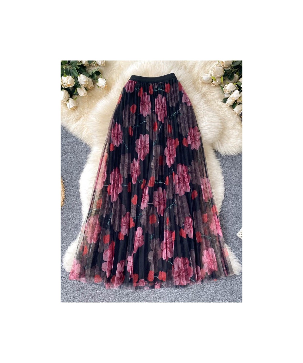 Women's Summer Skirt 2022 New Fashion Elastic Waist Floral Print Tulle Skirt Elegant Ladies A-line Pleated Mesh Maxi Skirts $...