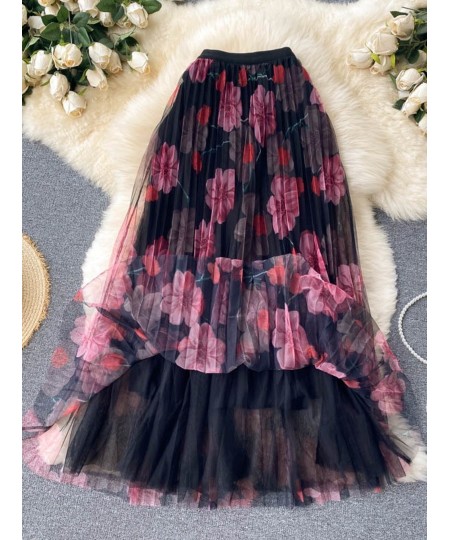 Women's Summer Skirt 2022 New Fashion Elastic Waist Floral Print Tulle Skirt Elegant Ladies A-line Pleated Mesh Maxi Skirts $...