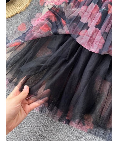 Women's Summer Skirt 2022 New Fashion Elastic Waist Floral Print Tulle Skirt Elegant Ladies A-line Pleated Mesh Maxi Skirts $...