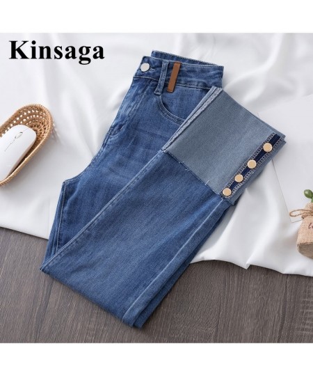 Harajuku Buttons Patchwork Stretch Skinny Jeans for Women XXL High Waist High Stretchy Distressed Pencil Capris Blue Denim Pa...