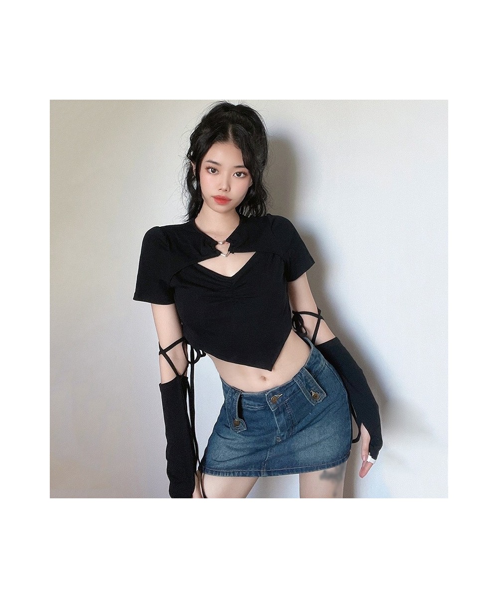 Vintage T-Shirts Y2K Aesthetic Women Cropped Tops Gothic Long Sleeve With Gloves Harajuku Casual Korean Style Slim Tees $27.4...