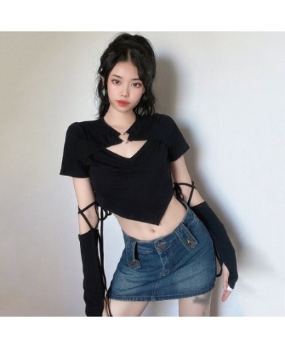 Vintage T-Shirts Y2K Aesthetic Women Cropped Tops Gothic Long Sleeve With Gloves Harajuku Casual Korean Style Slim Tees $27.4...