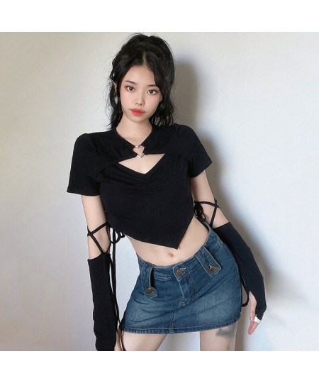 Vintage T-Shirts Y2K Aesthetic Women Cropped Tops Gothic Long Sleeve With Gloves Harajuku Casual Korean Style Slim Tees $27.4...