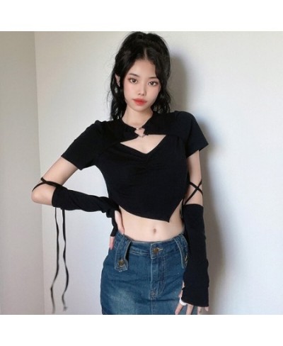 Vintage T-Shirts Y2K Aesthetic Women Cropped Tops Gothic Long Sleeve With Gloves Harajuku Casual Korean Style Slim Tees $27.4...