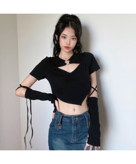 Vintage T-Shirts Y2K Aesthetic Women Cropped Tops Gothic Long Sleeve With Gloves Harajuku Casual Korean Style Slim Tees $27.4...