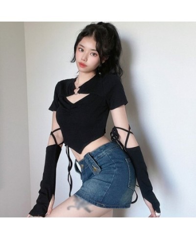 Vintage T-Shirts Y2K Aesthetic Women Cropped Tops Gothic Long Sleeve With Gloves Harajuku Casual Korean Style Slim Tees $27.4...