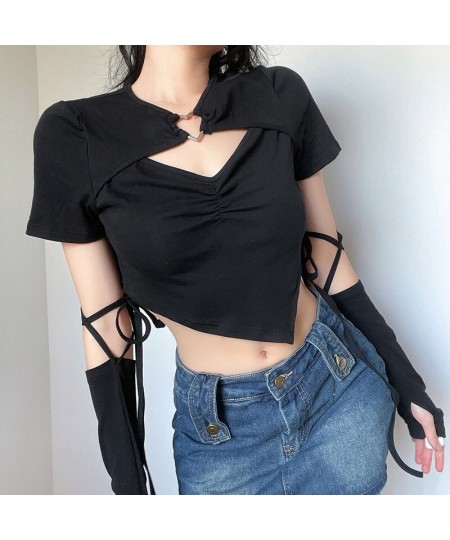 Vintage T-Shirts Y2K Aesthetic Women Cropped Tops Gothic Long Sleeve With Gloves Harajuku Casual Korean Style Slim Tees $27.4...