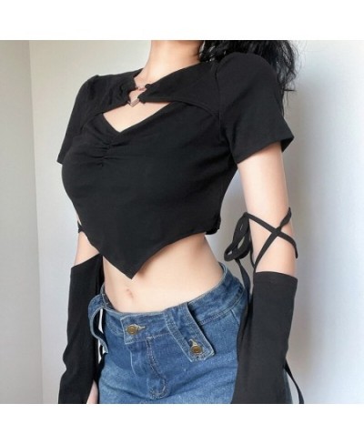 Vintage T-Shirts Y2K Aesthetic Women Cropped Tops Gothic Long Sleeve With Gloves Harajuku Casual Korean Style Slim Tees $27.4...