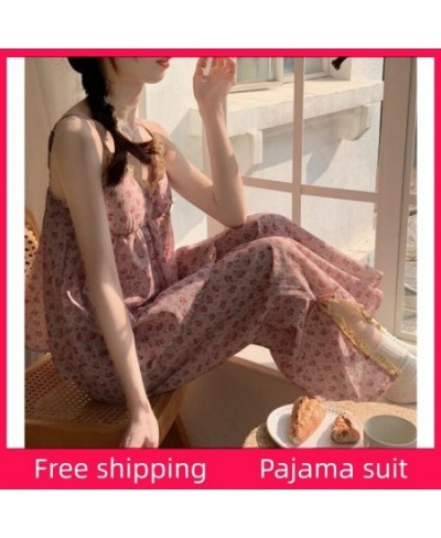 2023 Flower Summer Women Pajamas Set V Neck Sling Top + Long Pants Sleepwear Suit Sweet Girls Sexy Lace Nightwear Outer Wear ...