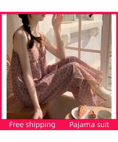 2023 Flower Summer Women Pajamas Set V Neck Sling Top + Long Pants Sleepwear Suit Sweet Girls Sexy Lace Nightwear Outer Wear ...