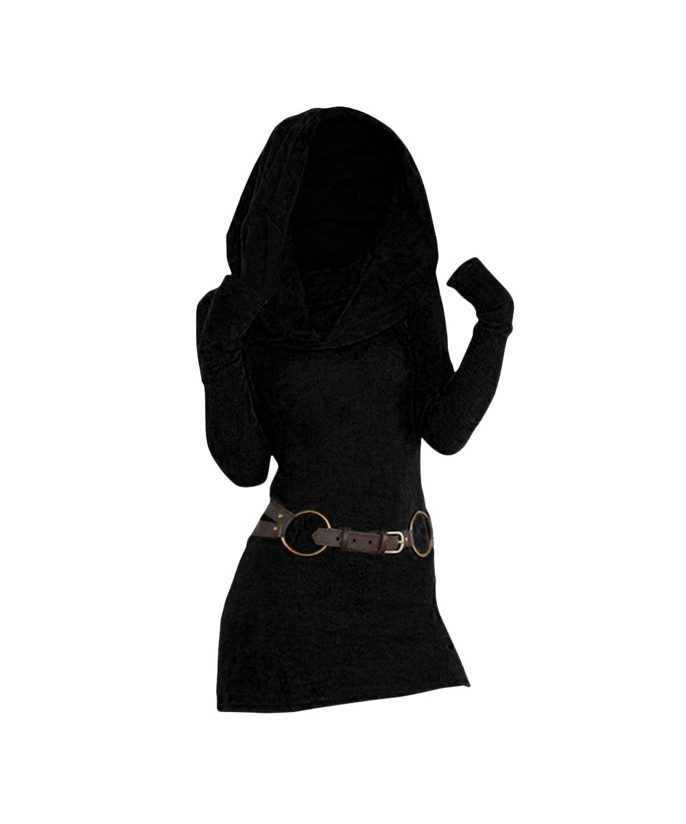 Daily Fashion Slim Hooded Cowl Neck Long Knit Top Thumb Hole Full Sleeve Belted Long Knitted Tees For Women $42.48 - Women Tops