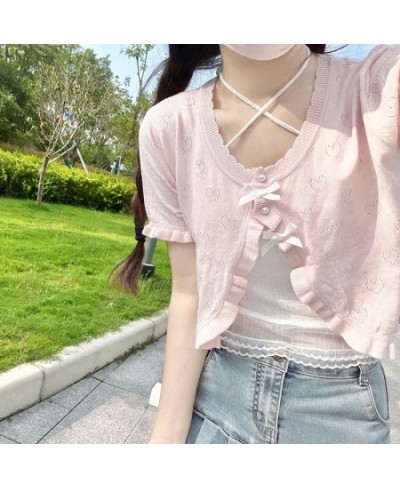 Cute Knitted Cardigan Women Pearl Button Bow Decoration Heart Hollow Out Short Sweater for Sweet Girl Kawaii Clothes $42.06 -...