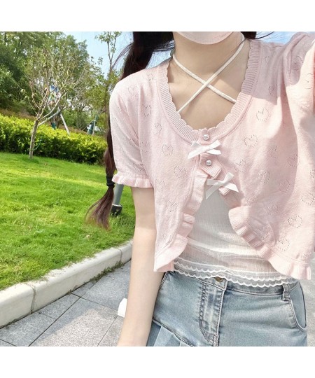 Cute Knitted Cardigan Women Pearl Button Bow Decoration Heart Hollow Out Short Sweater for Sweet Girl Kawaii Clothes $42.06 -...