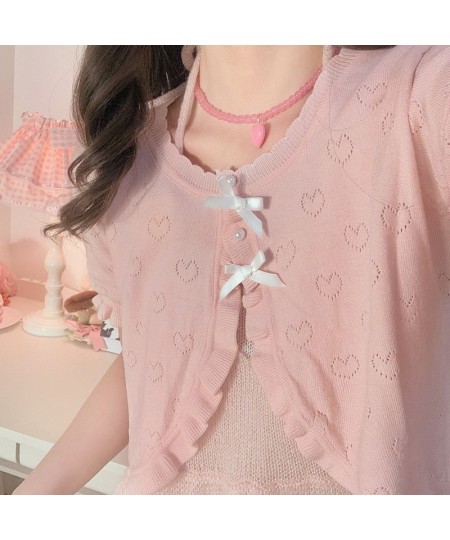 Cute Knitted Cardigan Women Pearl Button Bow Decoration Heart Hollow Out Short Sweater for Sweet Girl Kawaii Clothes $42.06 -...