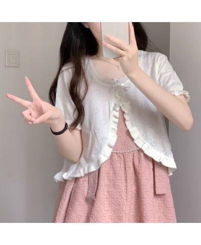 Cute Knitted Cardigan Women Pearl Button Bow Decoration Heart Hollow Out Short Sweater for Sweet Girl Kawaii Clothes $42.06 -...