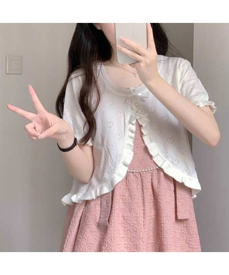 Cute Knitted Cardigan Women Pearl Button Bow Decoration Heart Hollow Out Short Sweater for Sweet Girl Kawaii Clothes $42.06 -...