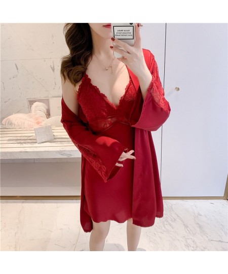 2PCS Robe Suit Women Lace Sleepwear Chemise Nightgown Summer SEXY Satin Kimono Bathrobe Gown Nightwear Nighties Lingerie $49....