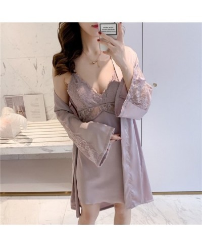 2PCS Robe Suit Women Lace Sleepwear Chemise Nightgown Summer SEXY Satin Kimono Bathrobe Gown Nightwear Nighties Lingerie $49....