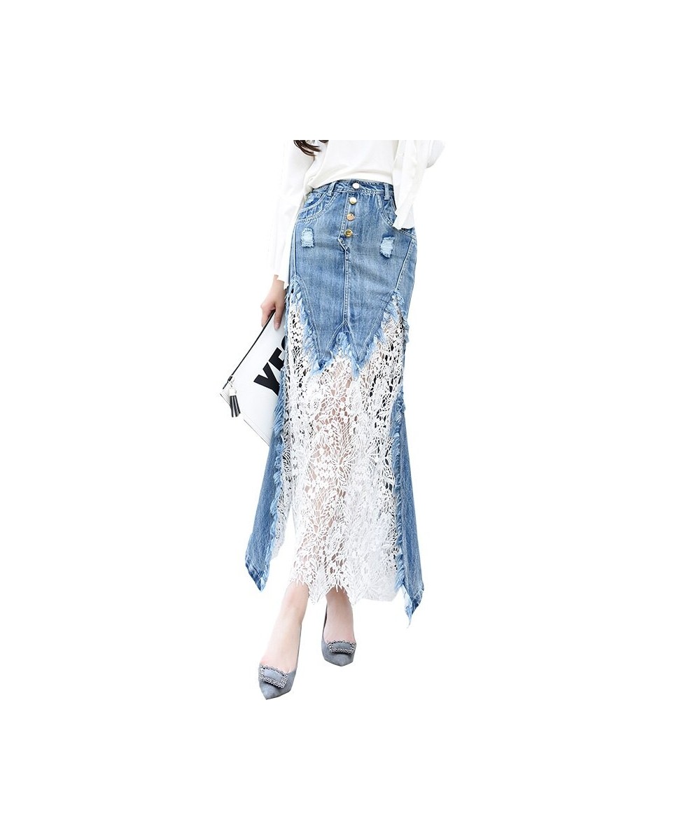 2023 New Fashion Long Maxi Denim And Lace Patchwork Fish Tail Skirt For Women S-2XL Mermaid Style Summer Skirt $64.24 - Skirts