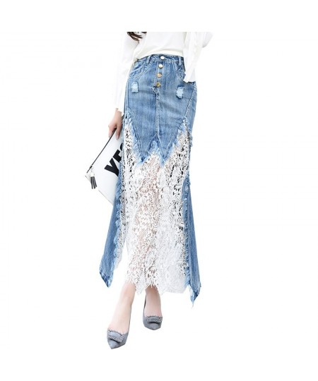 2023 New Fashion Long Maxi Denim And Lace Patchwork Fish Tail Skirt For Women S-2XL Mermaid Style Summer Skirt $64.24 - Skirts