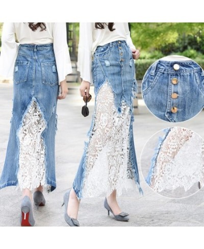 2023 New Fashion Long Maxi Denim And Lace Patchwork Fish Tail Skirt For Women S-2XL Mermaid Style Summer Skirt $64.24 - Skirts