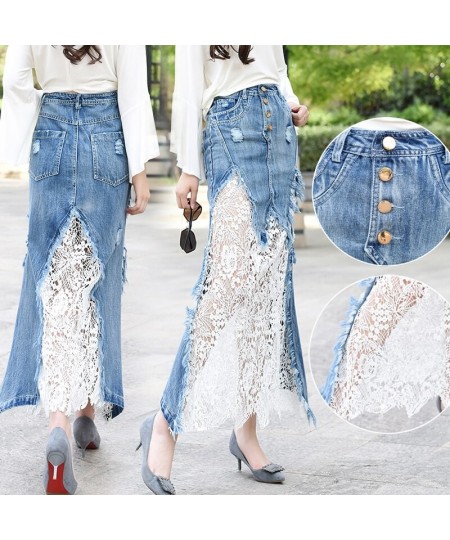 2023 New Fashion Long Maxi Denim And Lace Patchwork Fish Tail Skirt For Women S-2XL Mermaid Style Summer Skirt $64.24 - Skirts