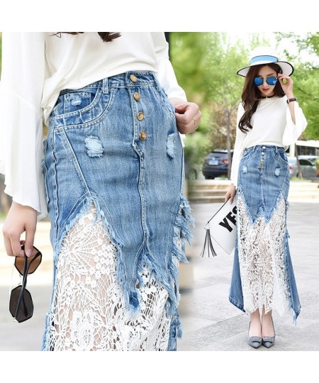 2023 New Fashion Long Maxi Denim And Lace Patchwork Fish Tail Skirt For Women S-2XL Mermaid Style Summer Skirt $64.24 - Skirts