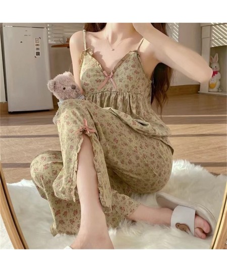 2023 Flower Summer Women Pajamas Set V Neck Sling Top + Long Pants Sleepwear Suit Sweet Girls Sexy Lace Nightwear Outer Wear ...