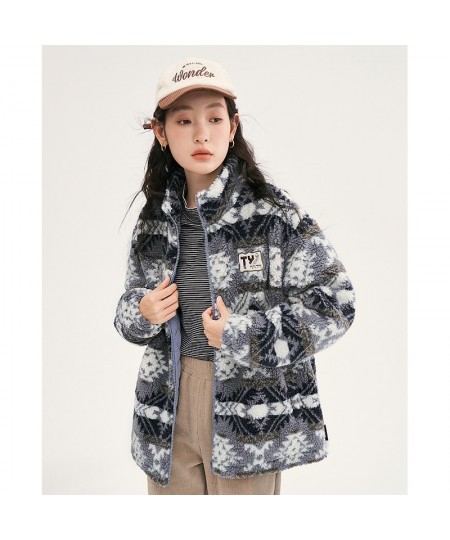 Women Thick Plush Coat 2022 Winter Long Sleeve Stand Collar Loose Jacket White Pattern Windproof Warm Outwear Tops $101.60 - ...