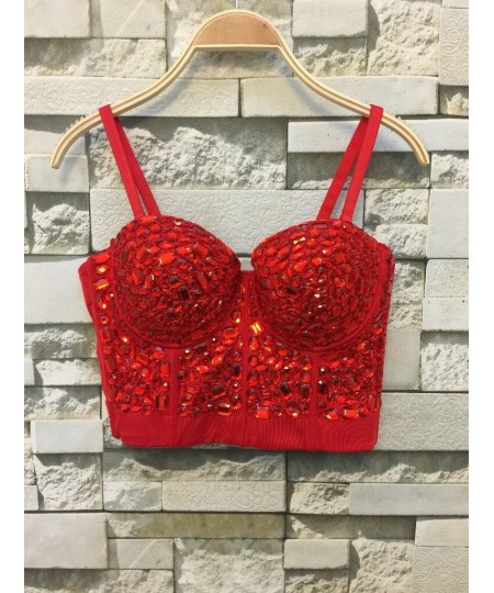 Unique red Rhinestone Gaga Bustier Pearls Diamond Push Up Night Club Bralette Women's Bra Top Vest fashion w1172 $53.77 - Top...