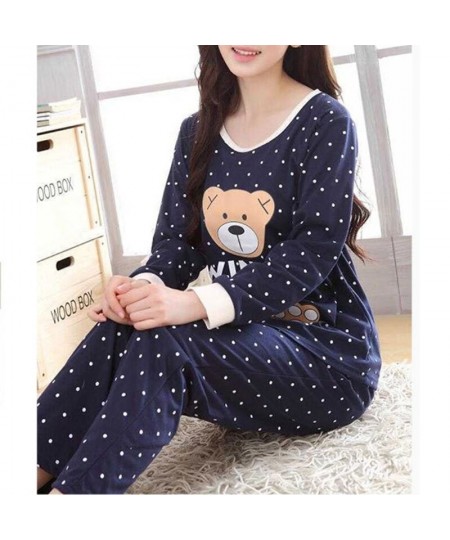 Women Long Sleeve Bear Print Tops And Pants Wave Point Pajamas Set Cute Sleepwear Nightwear $23.07 - Sleepwears