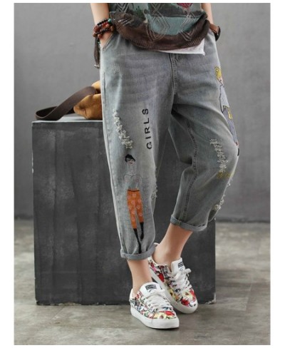 6859 Fashion Korea Style Vintage Hole Girl Embroidery Ankle-length Denim Jeans Female Casual Loose Harem Pant Trousers Cloth ...